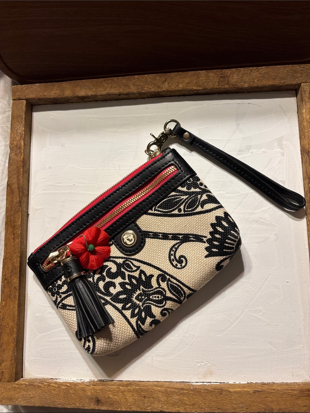 Spartina 449 Black & Cream Floral Wristlet with Red Flower Accent